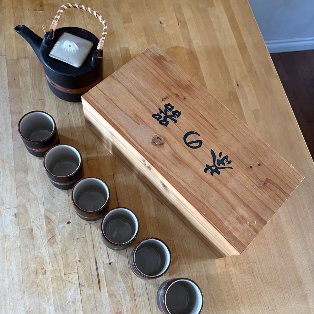 Vintage Japanese Teapot and 6 Cups Set in Original Wood Gift Box
